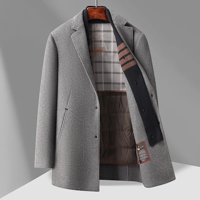 

Men's double-sided woolen overcoat with a detachable inner liner and a goose down scarf, a mid-length coat for winter 2025