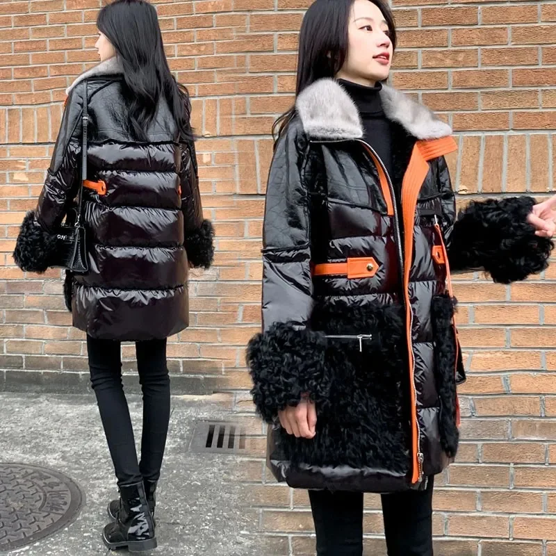 Black Glossy Down Jacket Women's 2025 Winter New Mid length PU leather Patchwork Jackets Female Warm Parka Overcoat