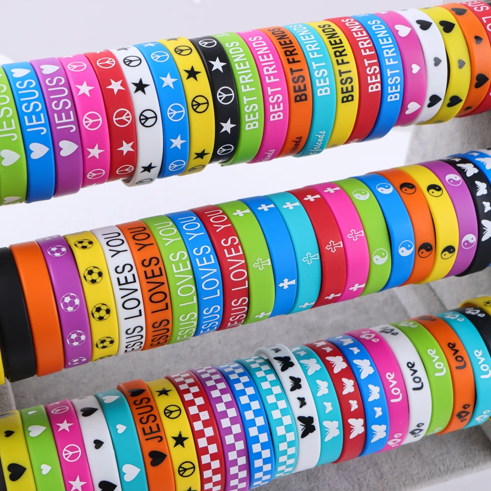 10pcs/lot  Jesus Cross Peace Butterfly Love Heart Cuff Silicone Rubber Bracelets For Man Women  (16 Style Free Choose)