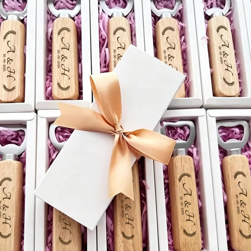 10 abridores de botellas personalizados para boda con caja de regalo, abridores de botellas de cerveza de madera personalizados, recuerdos de boda, recuerdos de bautizo