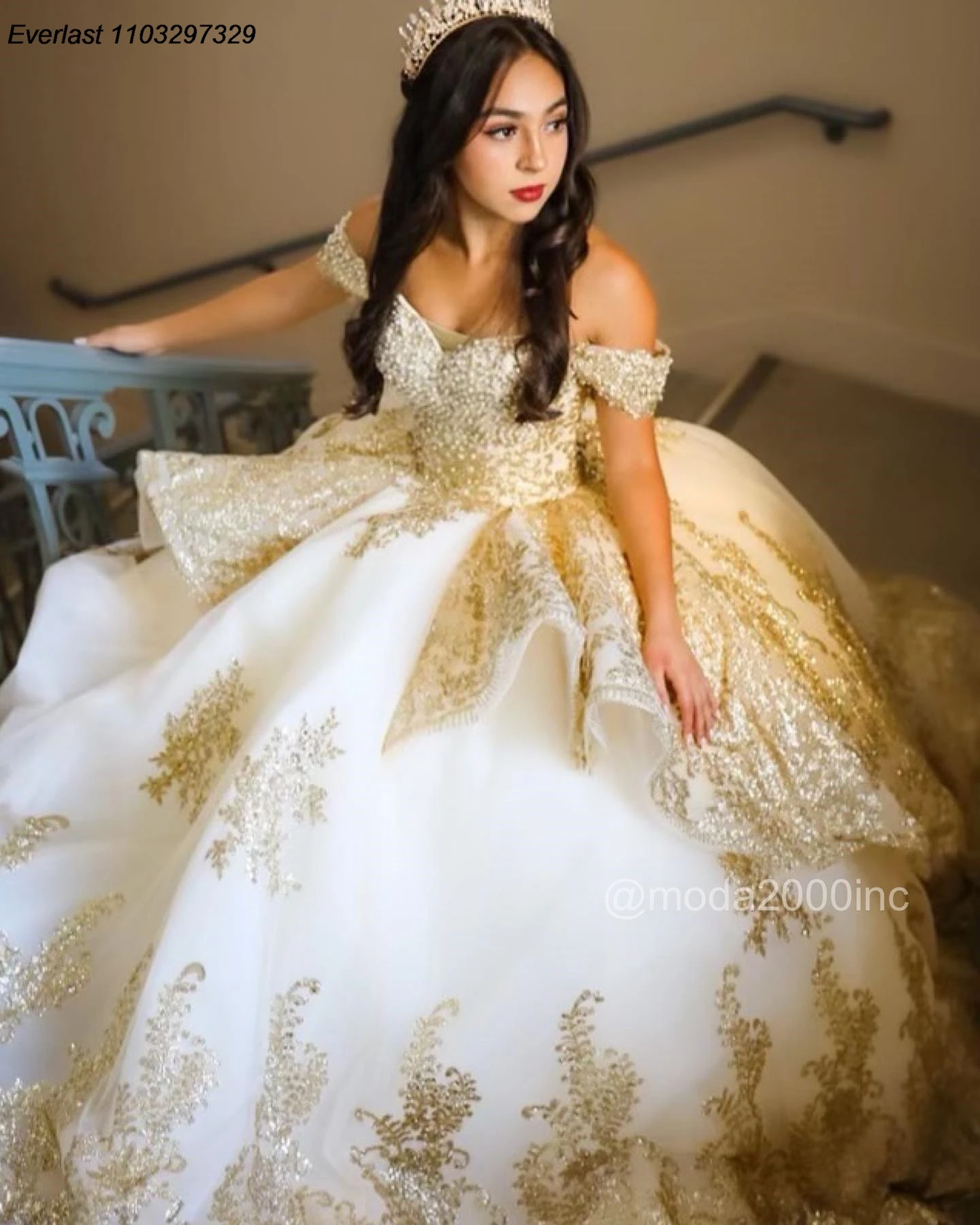 Evlast Mexicaanse Ivoor Quinceanera Jurk Baljurk Gouden Kanten Applique Kralen Ruches Korset Sweet 16 Vestidos De 15 Anos Tqd823