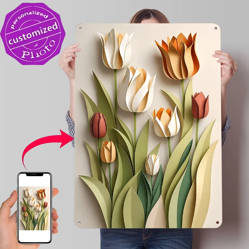 Paper Cutout Tulips Flowers Printed Poster Customized Wall Art Retro Vintage Metal Tin Signs for Gaming Room Decoration Cozy
