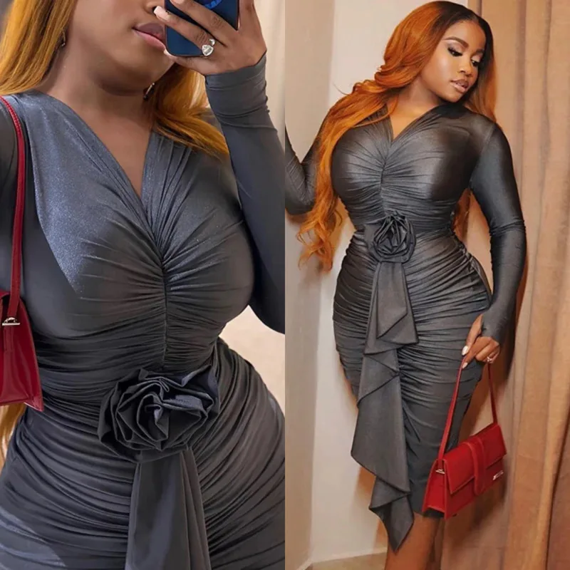 

Women's V-Neck Long Sleeve Bodycon Dress Elegant Rose Waist Design Autumn Winter Slim Midi Gown For Party Clubwear 2025 Outfit