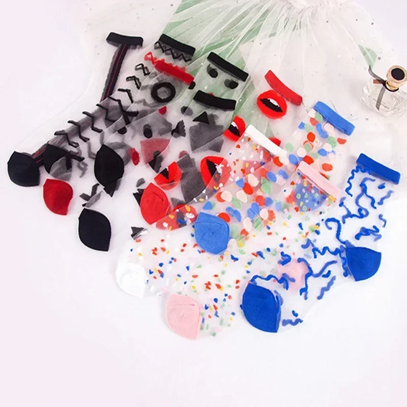 5 Pairs Women's Summer Lace Crystal Glass Silk Flower Socks Ultra Thin Transparent Roses Jacquard Elastic Short Socks