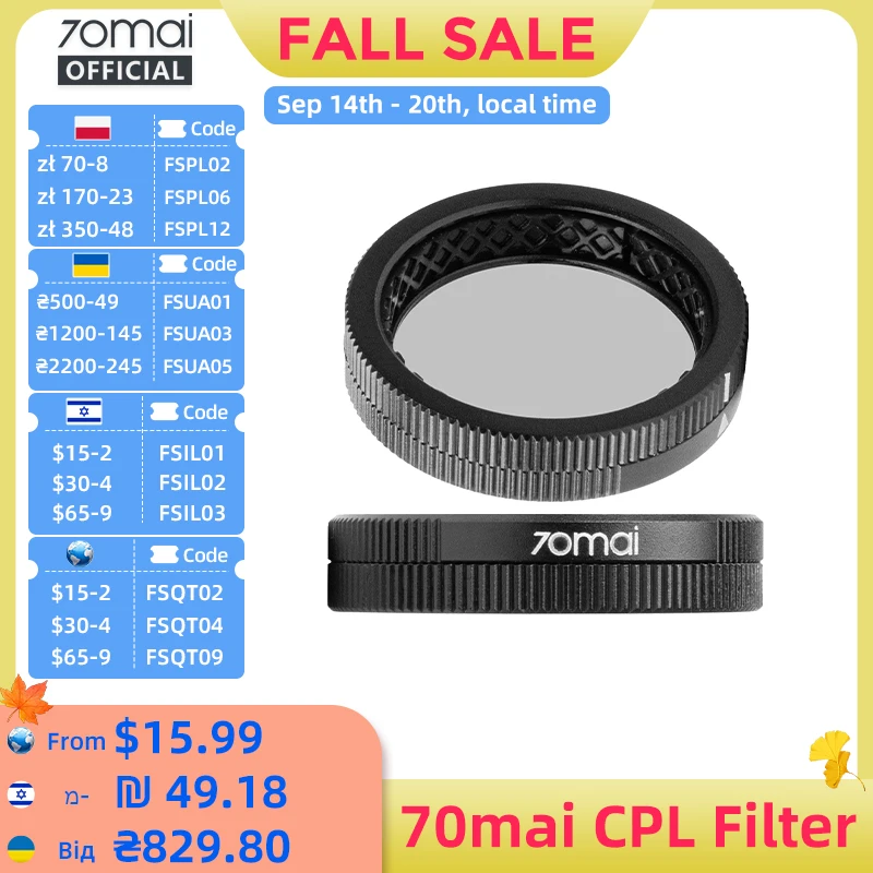 Original 70mai CPL Filter for 70mai Dash Cam 4K A800SE/A510/A800S/A500S/A200/Lite2 D10/Lite D08 Lens Filter Lens Cap