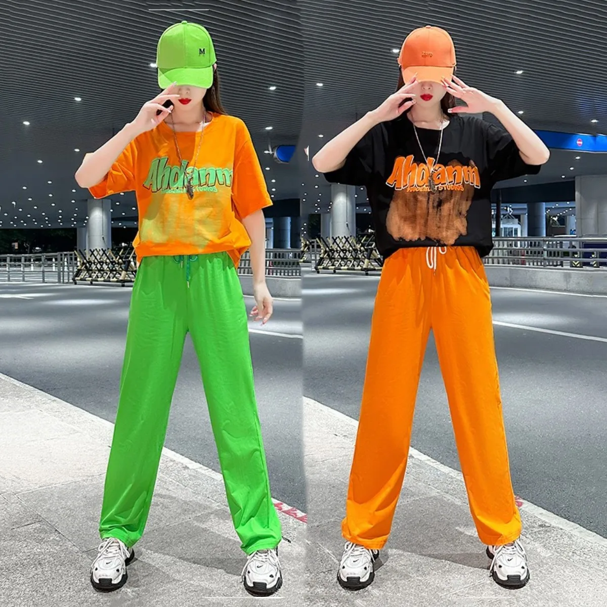 Hip Hop Costume Kpop Outfits Modern Dance Loose Print Color Blocking Shirt Casual Sport Leggings Trailing Step Square Dance Wear