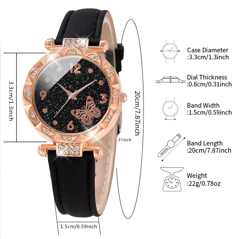 1PCS Simple Luxury Butterfly Element Leather Strap Watch Black Casual Fashion Quartz Watch Is The Perfect Gift For Her (No Box)