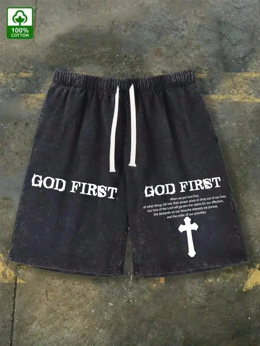 

God First Print Mens Cotton Shorts Casual Outdoor Travel Shorts