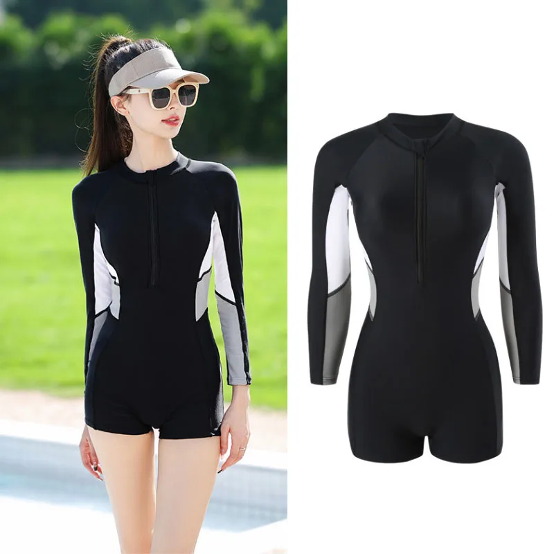 

Women's Colorblock Front Zip Long Sleeve One Piece Swimsuit Monokini Rash Guards Sun UV Protective Athletic Surfing Bathing Suit