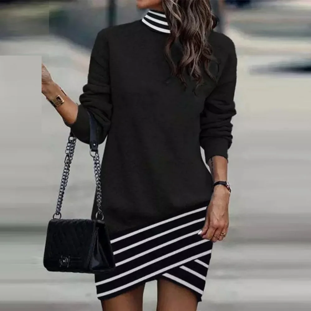 Women's Long Sleeve Knit Dress Mock Neck Houndstooth Contrast Hem Midi Dress For Fall Winter Casual Office Wear