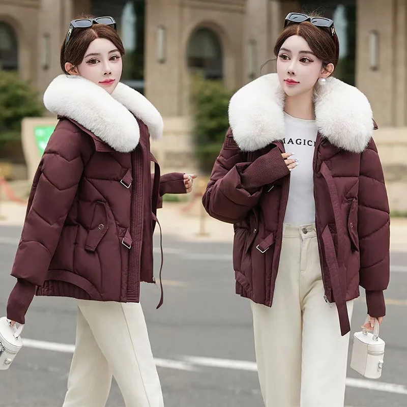 piumino moda donna parka inverno 2025 nuova giacca imbottita in cotone caldo femminile corto capispalla allentato grande collo di pelliccia giacca a vento
