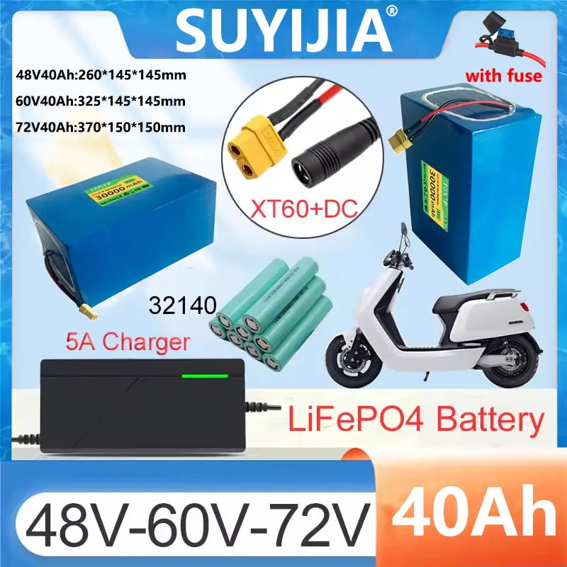 48V/60V/72V 40Ah 32140LiFePO4 Battery Pack 3500W Motor with 100ABMS Electric Scooter Motorcycle Large Capacity Battery+5Acharger
