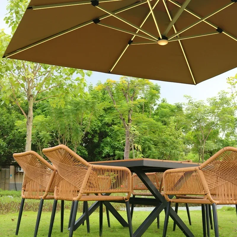 With umbrella combination casual PE rattan dining table and chairs balcony garden outdoor furniture two sets of approval