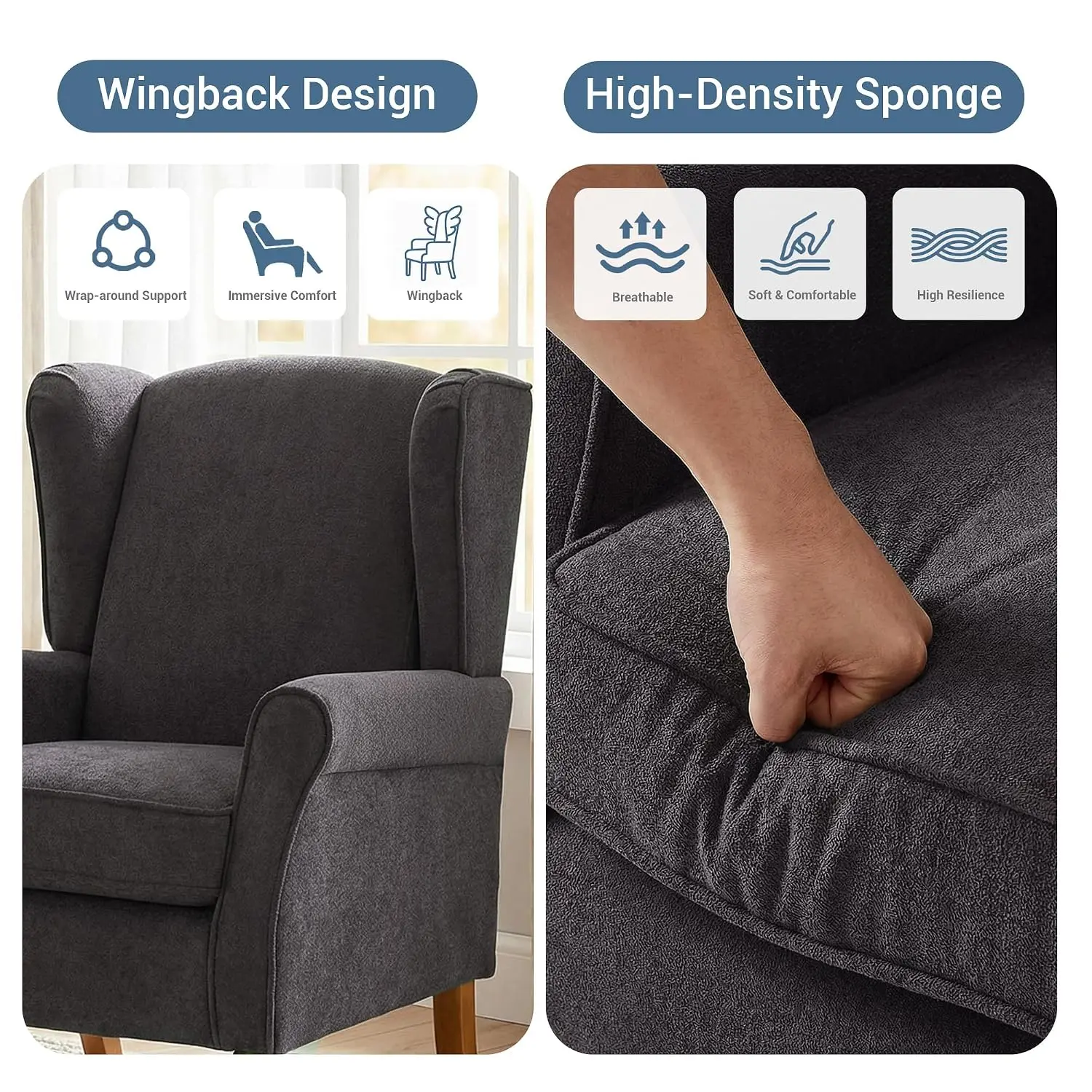 High Back Wingback Accent Chair, Upholstered Armchair with Wood Legs for Living Room Bedroom Library, Dark Grey, Customized