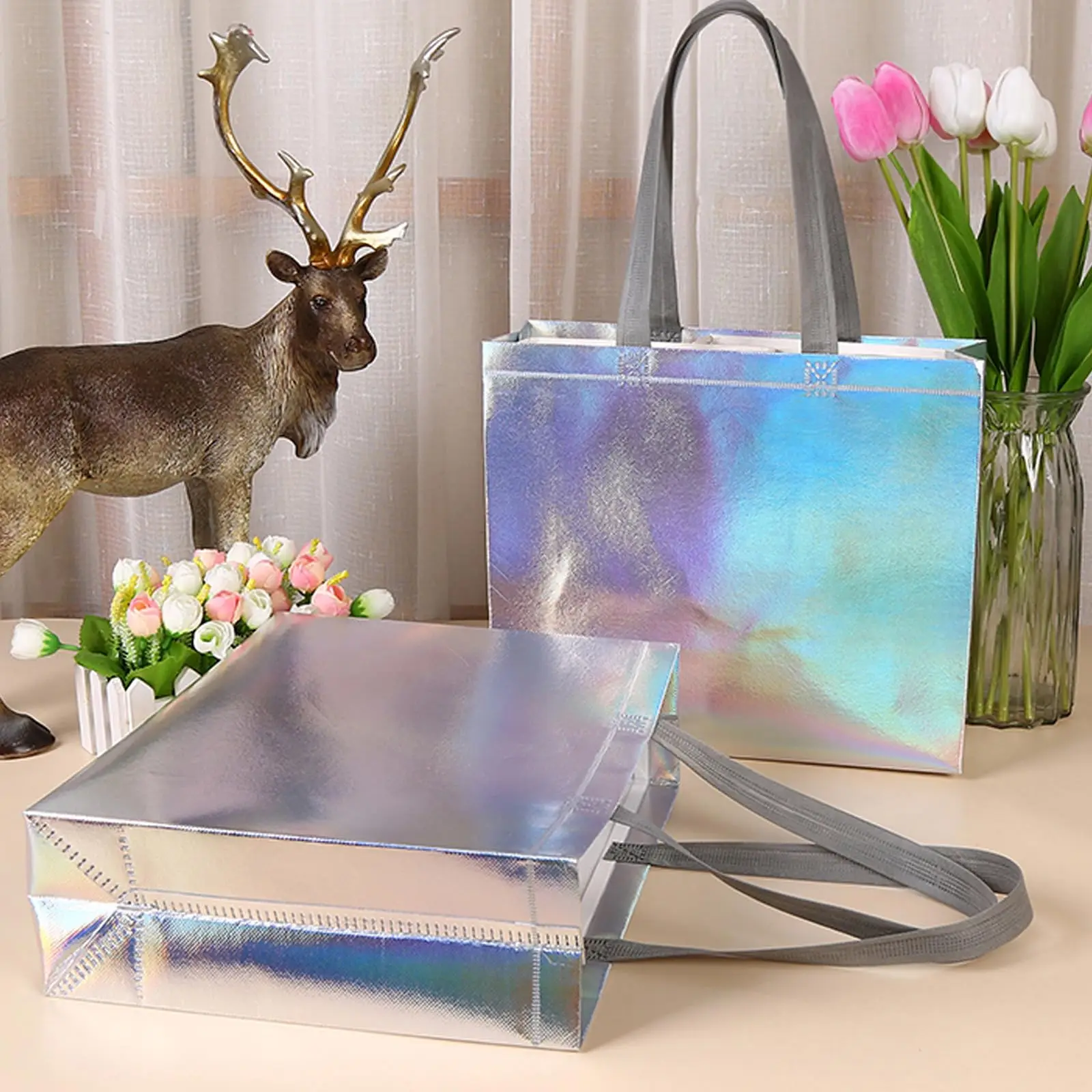 10 Stück Schillernde Glänzende Geschenktüten Holografische Wiederverwendbare Geschenktüten mit Griffen & Robuste Hochzeits-Junggesellinnenabschied-Partytüten