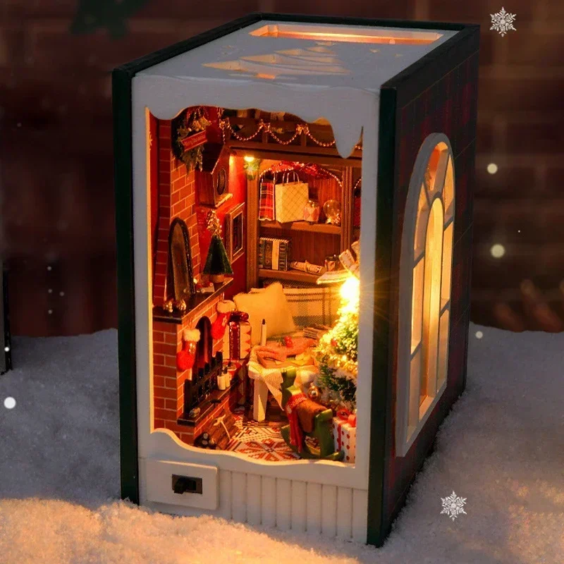 NEW Merry Christmas DIY Wooden Book Nook Shelf Insert Miniature Kits Bookshelf Home Decoration For Adult Xmas Handmade Gifts