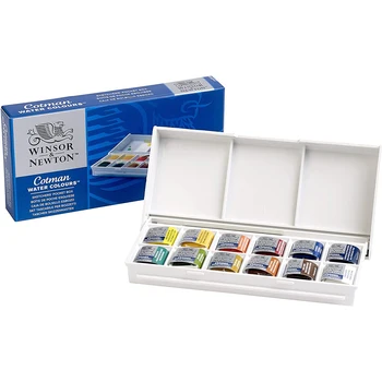 Winsor & Newton Cotman 휴대용 여행용 단색 수채화 페인트, 스케처용 하프 팬 팔레트, 수채화 브러시, Acuarela, 12 색