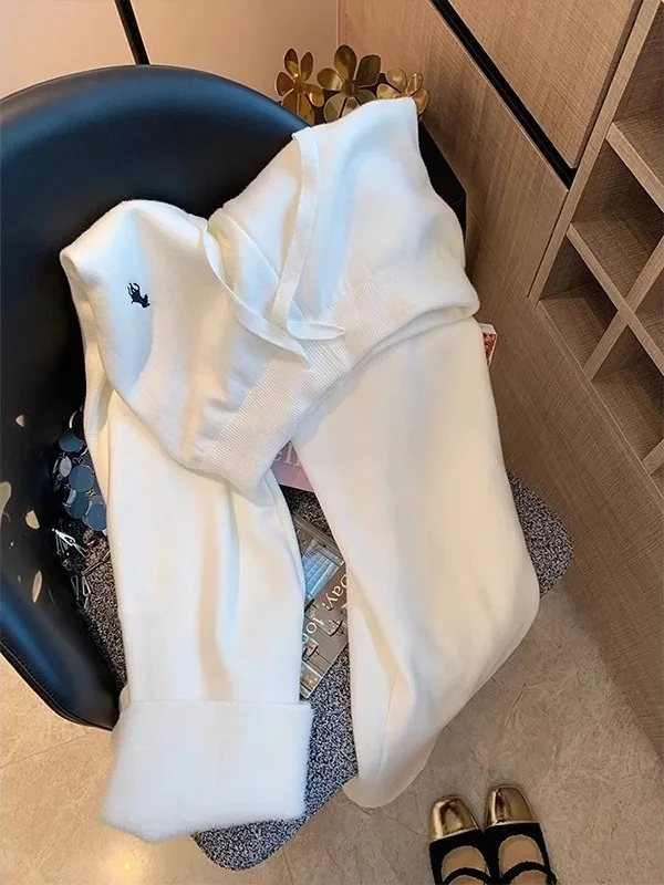 Plones Anchos de Punto con Forro Polar y Cordón Bordado Blanco para Mujer, Plones Suaves de Corte Recto, Cintura Alta...