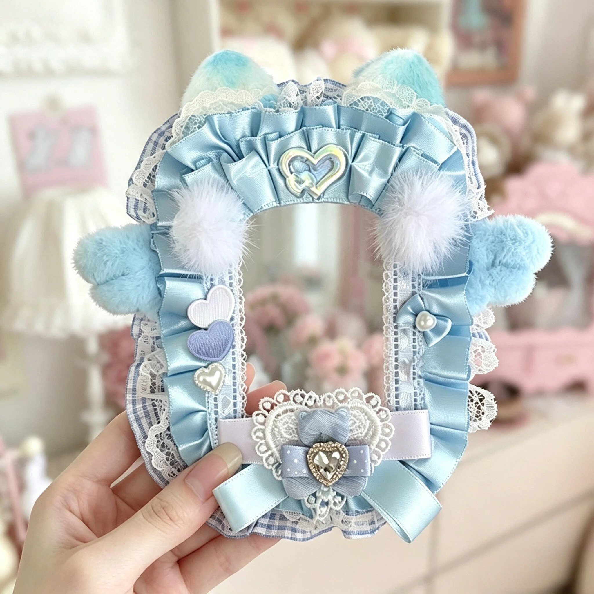 Handmade Irregular Photocard Holder Plush Cat Ear Pom‑pom Gingham Trim Satin Ruffle Lace Plush Wing Heart Bow Imitation Rhinestone 3 Inch Clear PVC Sleeve Idol Anime Card Photo Protective Case