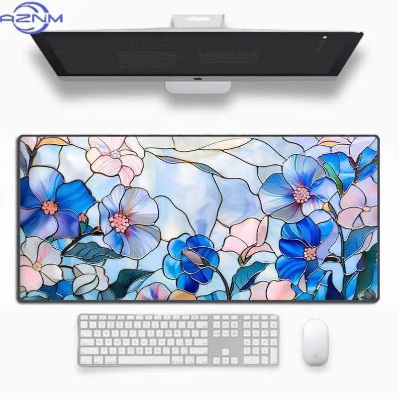 Elegant Stained Glass Flower Mouse Pad Waterproof Non‑Slip Pastel Mosaic Botanical Art Design Mousepad for Home Gaming Workspace