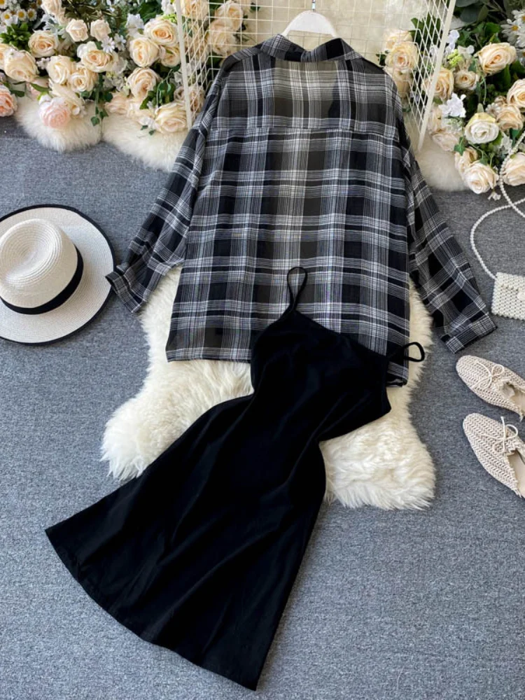 LY VAREY LIN 2022 New Summer Autumn Casual Two Piece Set Long Sleeve Plaid Grey Overcoats Spaghetti Strap Slim Black Solid Dress