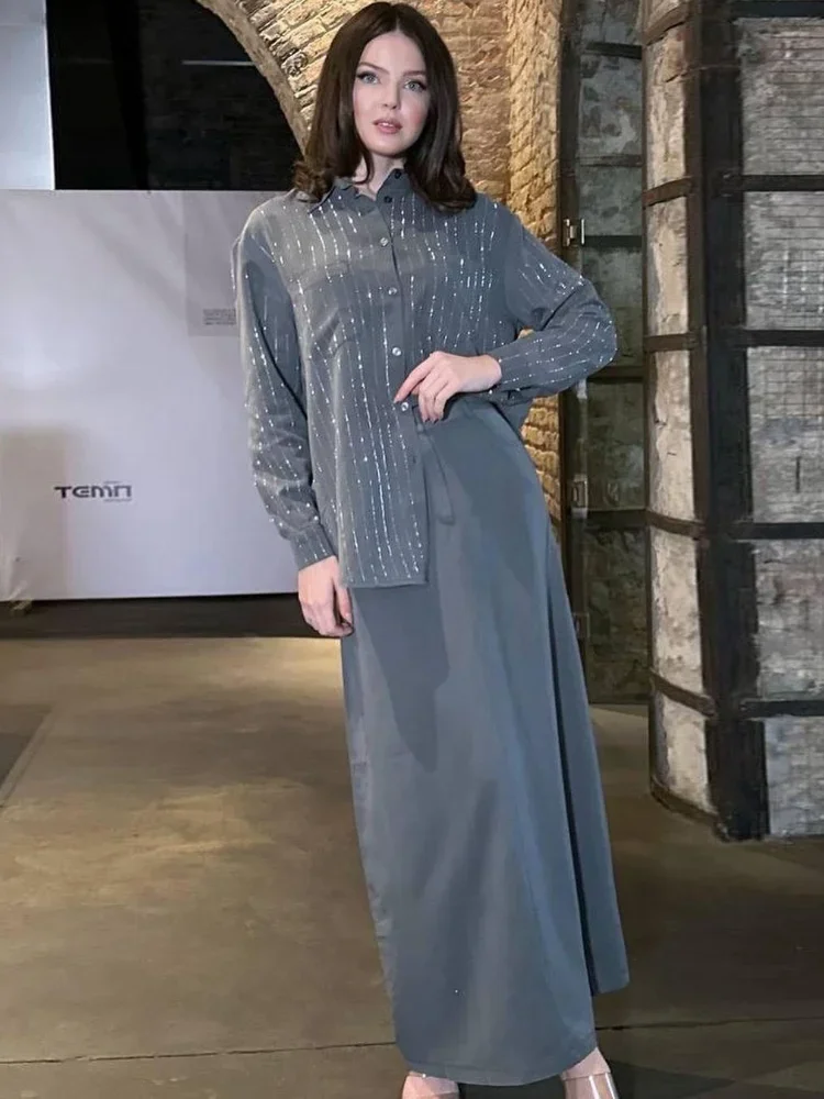 Damski dwuczęściowy zestaw muzułmański nadruk w paski koszula spódnica garnitury Casual arabski Ramadan Abaya Islam Kaftan kieszenie Jalabiya dubaj abaje