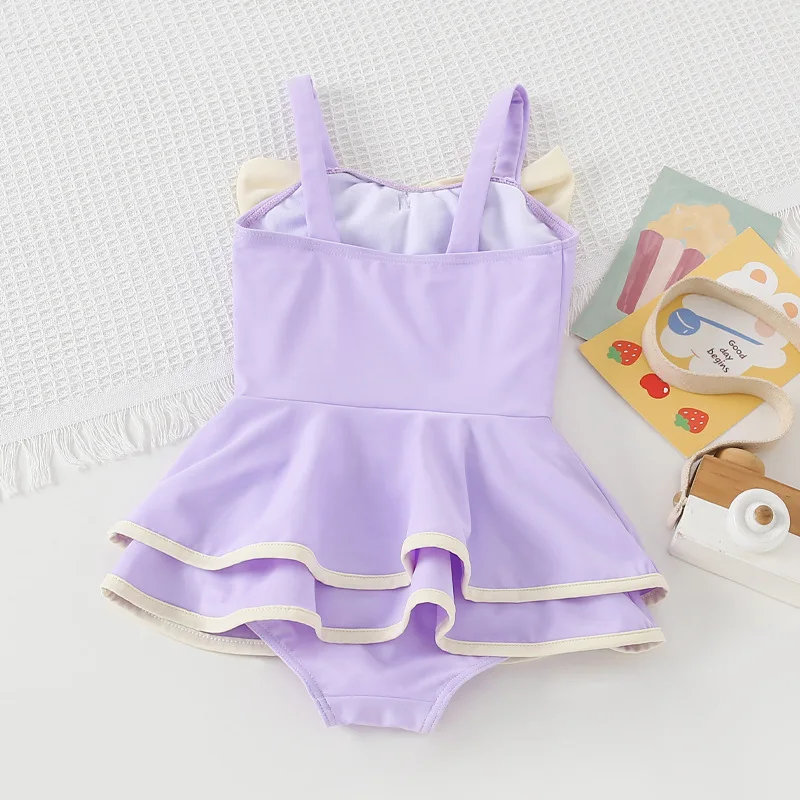 Bañador de una pieza para niña pequeña, traje de baño de seda suave con lazo, vestido de pastel, ropa de baño para bebé, conjunto de gorro de baño