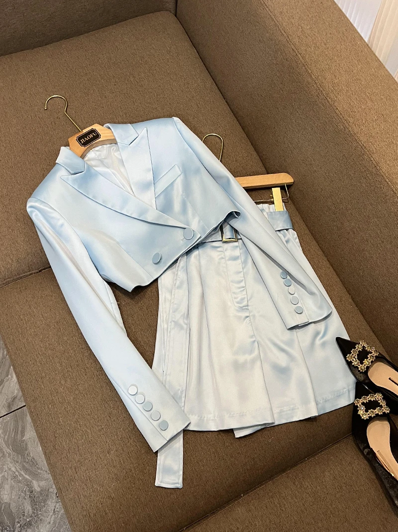 iny Satin Ultra-ort Suit Jaet And orts Women's Two-Piece Set Celebri Faion Autumn Winter Commute Sle A693