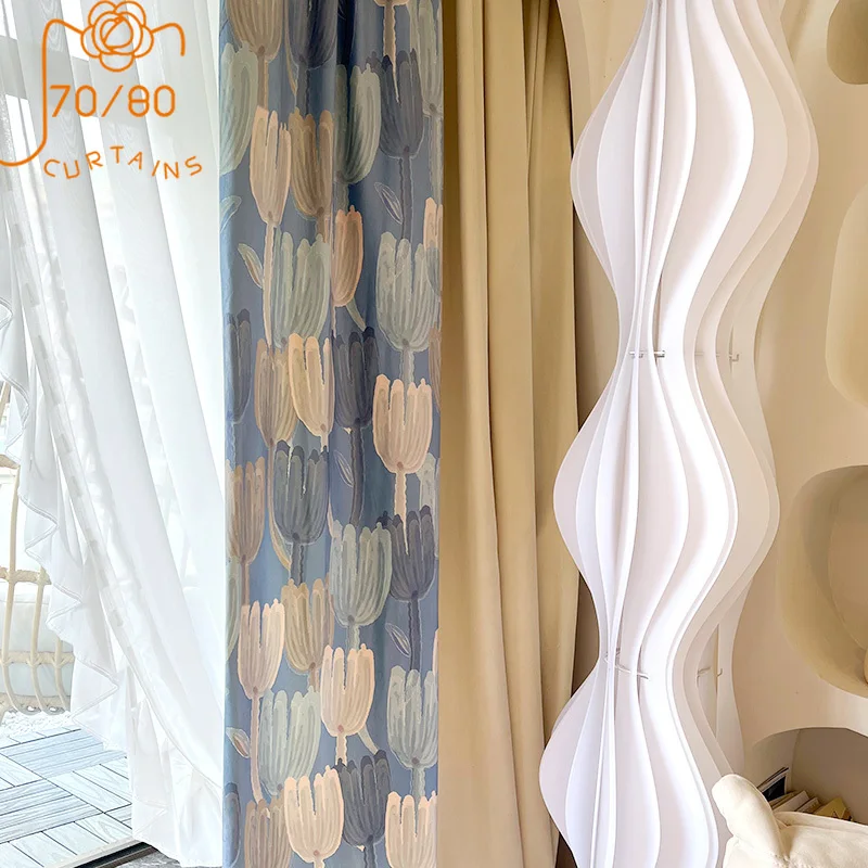 

French Cream Tulip Printed Velvet Patched Curtains for Living Room Bedroom Balcony Bay Window French Window Customized