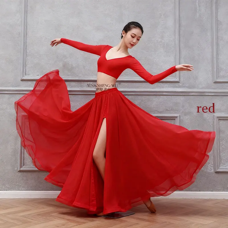 

Юбка для выступлений по восточным танцам, женская, шифоновая, длинная, с разрезом, для взрослых, для практики и выступлений, 10 цветов