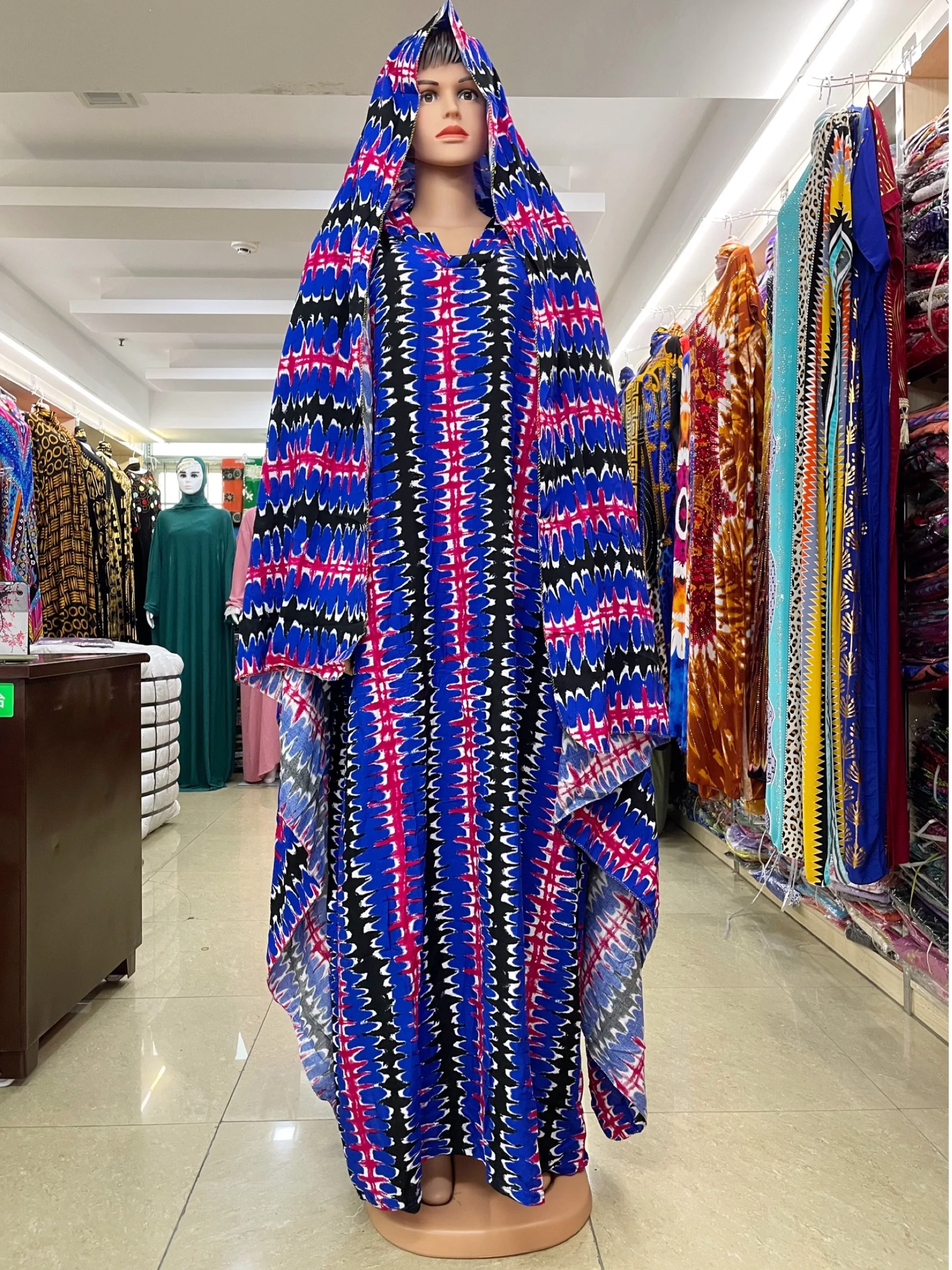 Latest Summer African Lady Dress With Oversize Scarf  Cotton Printed Loose Floral Boubou Pocket Islam Women Short Sleeve Abaya