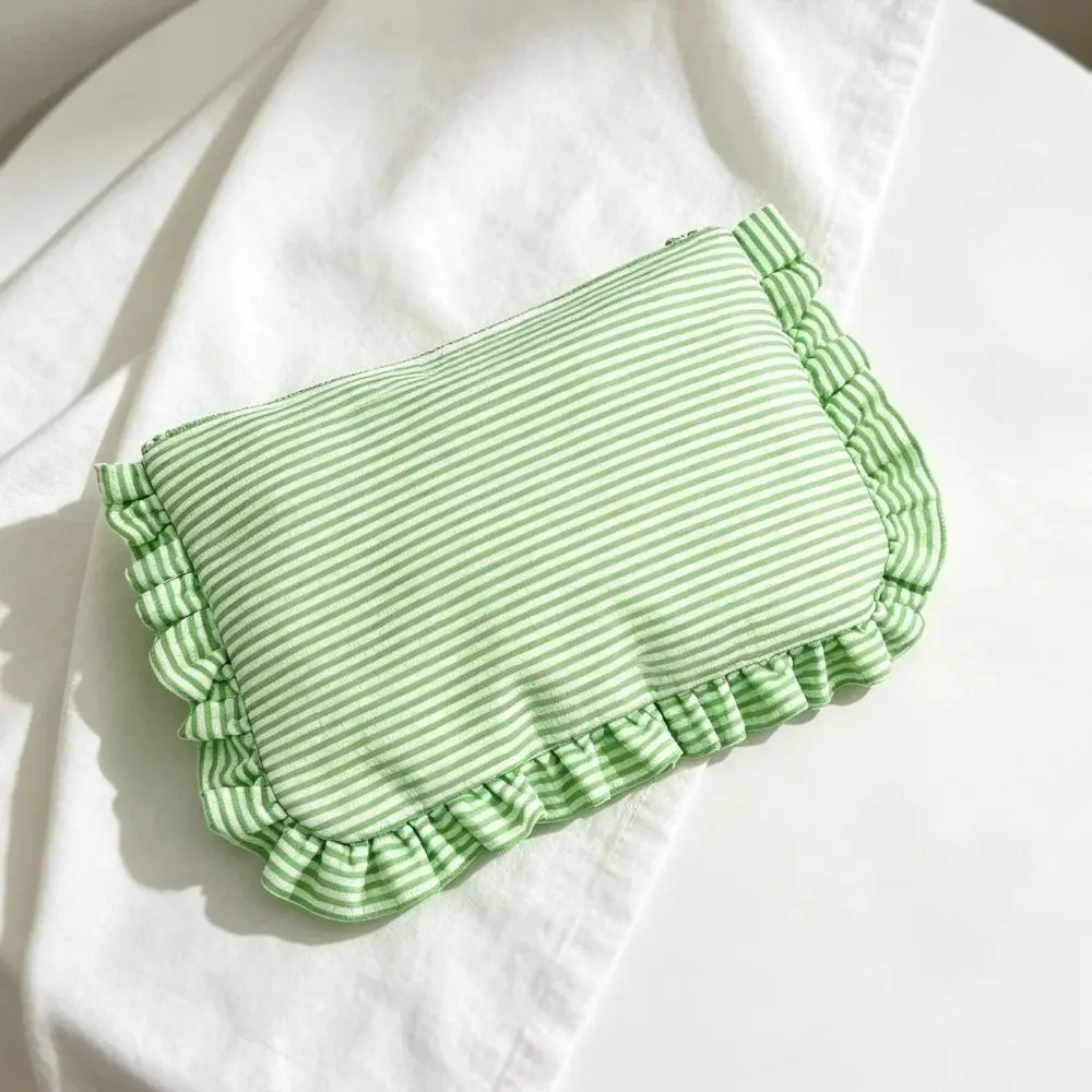 Casual Women's Cosmetic Bag Striped Pattern Large Capacity Travel Cosmetic Case Zipper with Lace Trim Make Up Organizer