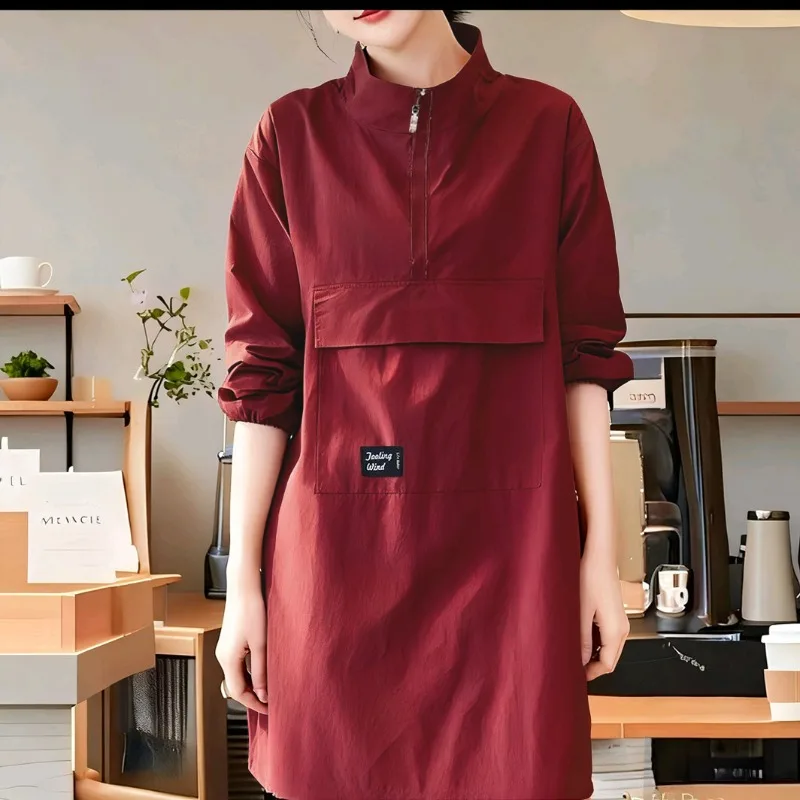 Waterproof Long Sleeve Work Apron Half Zip Stand Collar Smock Multi Pocket Protective Garment For Housework