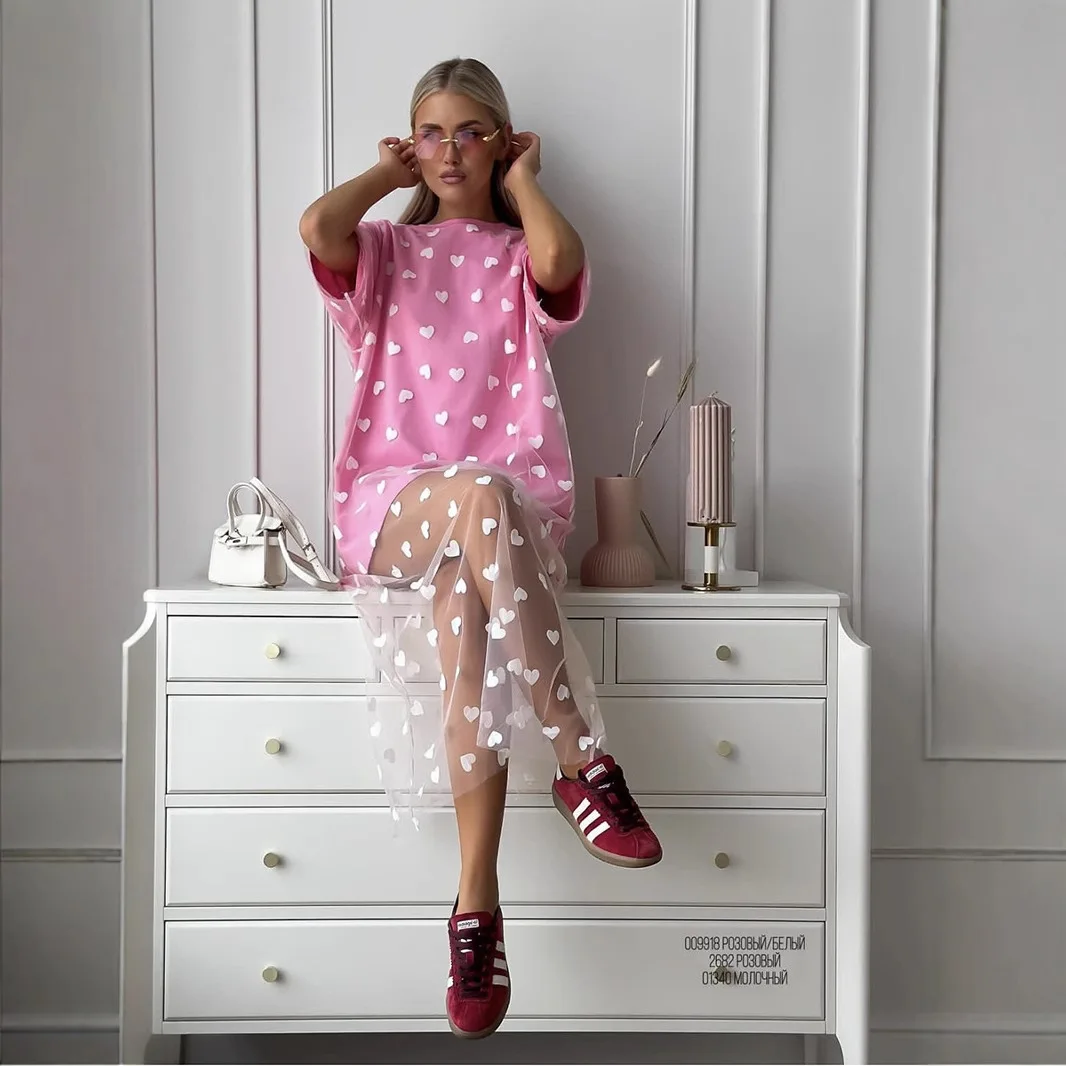 Women's Love Mesh Patchwork Dresses Fashion Loose Short-sleeved T-shirt Dress Pearl Belt Casual Lady Commuting Outfits Vestidos