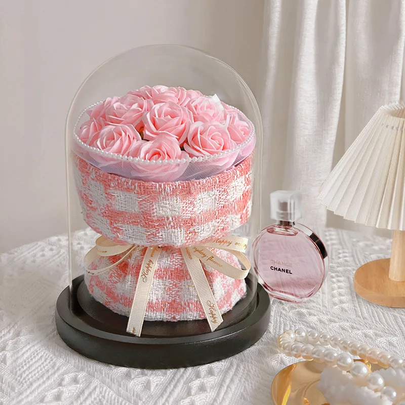 Eternal Artificial Flower Glass Cover Forever Rose Bundle Christmas Valentine's Day Gifts for Women Birthday Wedding Decoration