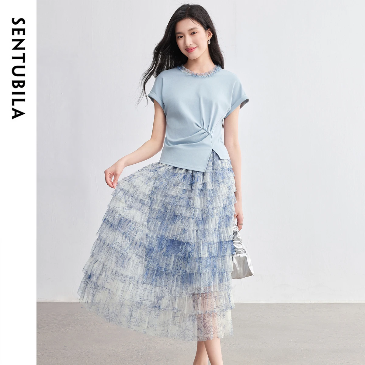 

SENTUBILA 2 Piece Sets Woman Outfit 2025 Gradual Change Tie Dye Holiday Outfits T-shirt Women's Summer Suit with Skirt 752ZC2251