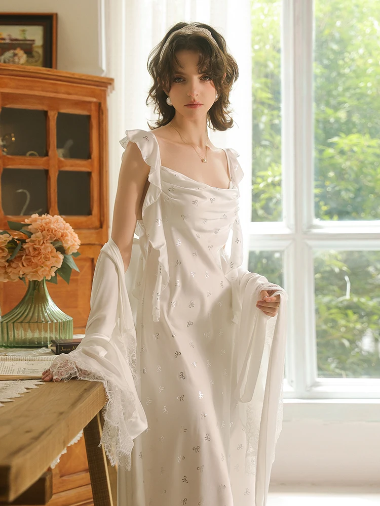 Summer Women Night Dress Cowl Neck Collar Satin Long Nightgown Silver Foil Bow Elegant Home Wear Flutter Sleeve Pajamas Dress