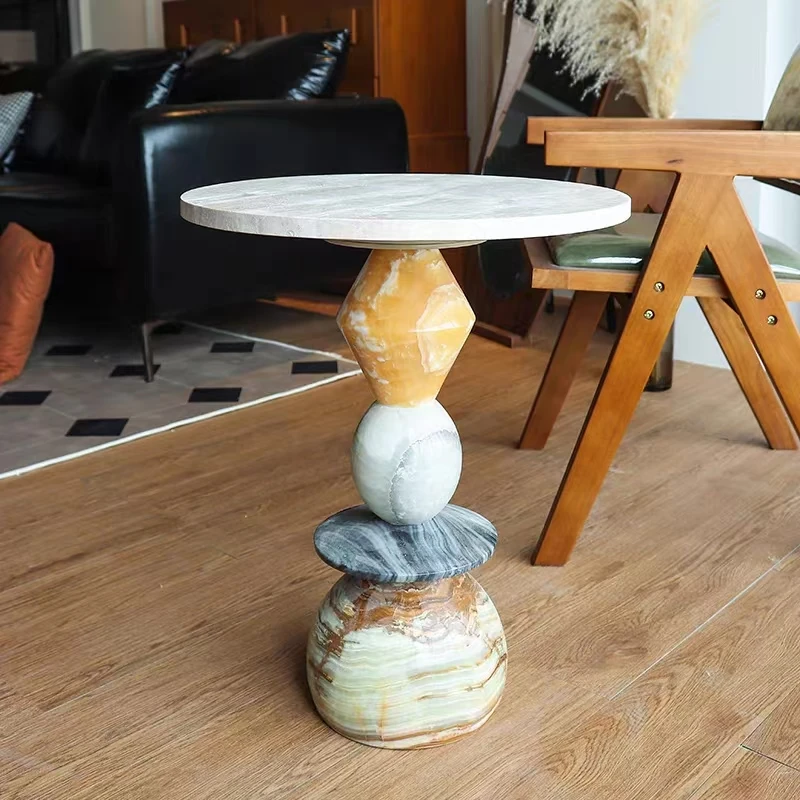 Marble Round Art Side Table American Country Retro Creative Jade Stone Balcony Small Coffee Table Hole Stone Corner Table image 5