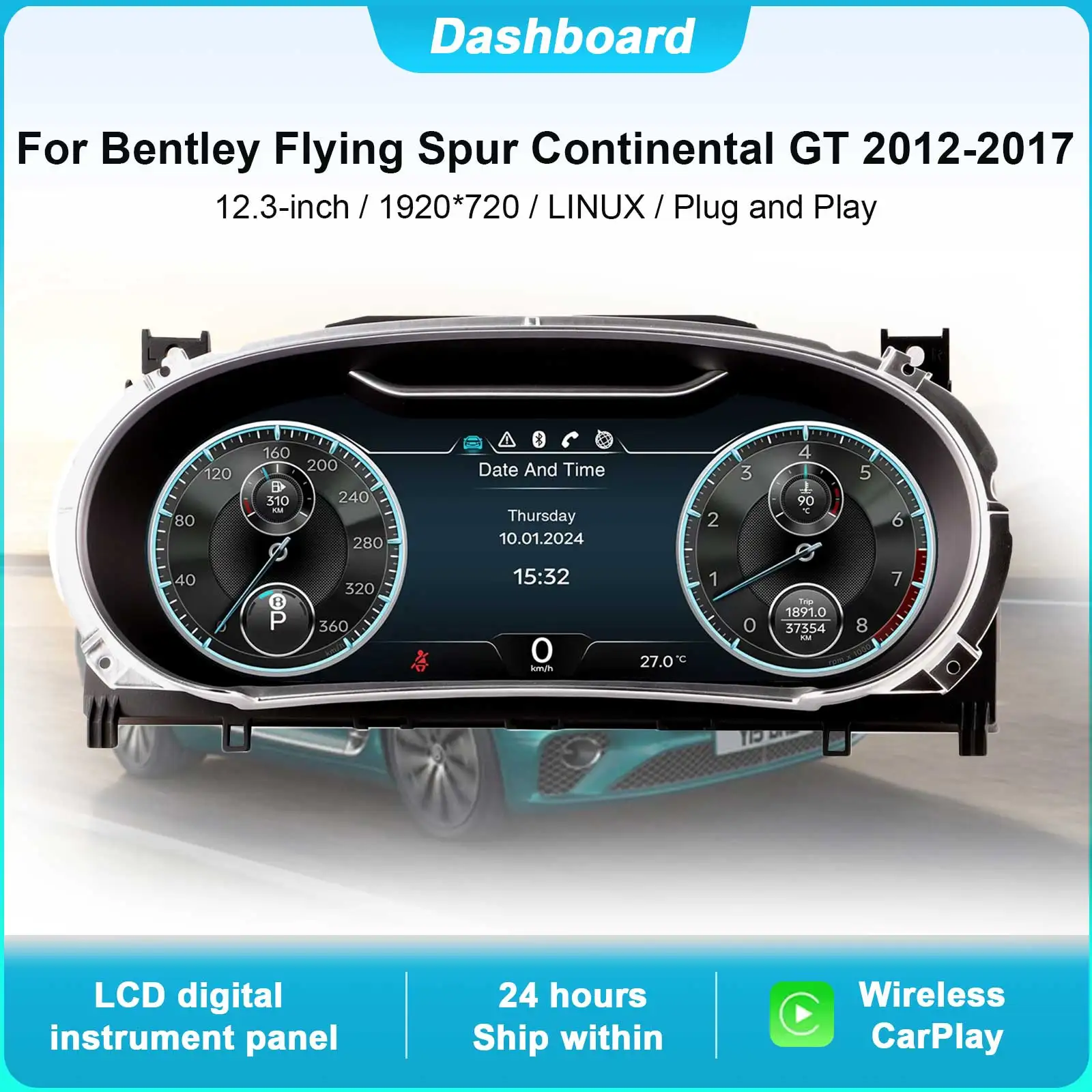

12,3-дюймовая приборная панель с цифровым кластером для Bentley Flying Spur Continental GT 2012-2017, беспроводной спидометр CarPlay Plug and Play
