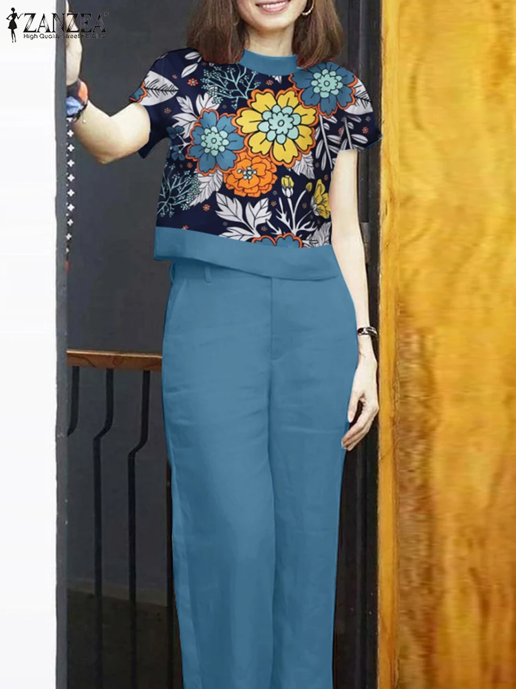 ZANZEA-Conjunto de calças e blusa floral feminina, calças de manga curta, conjuntos combinando, fato de treino, roupas de trabalho, vintage, verão, 2 peças