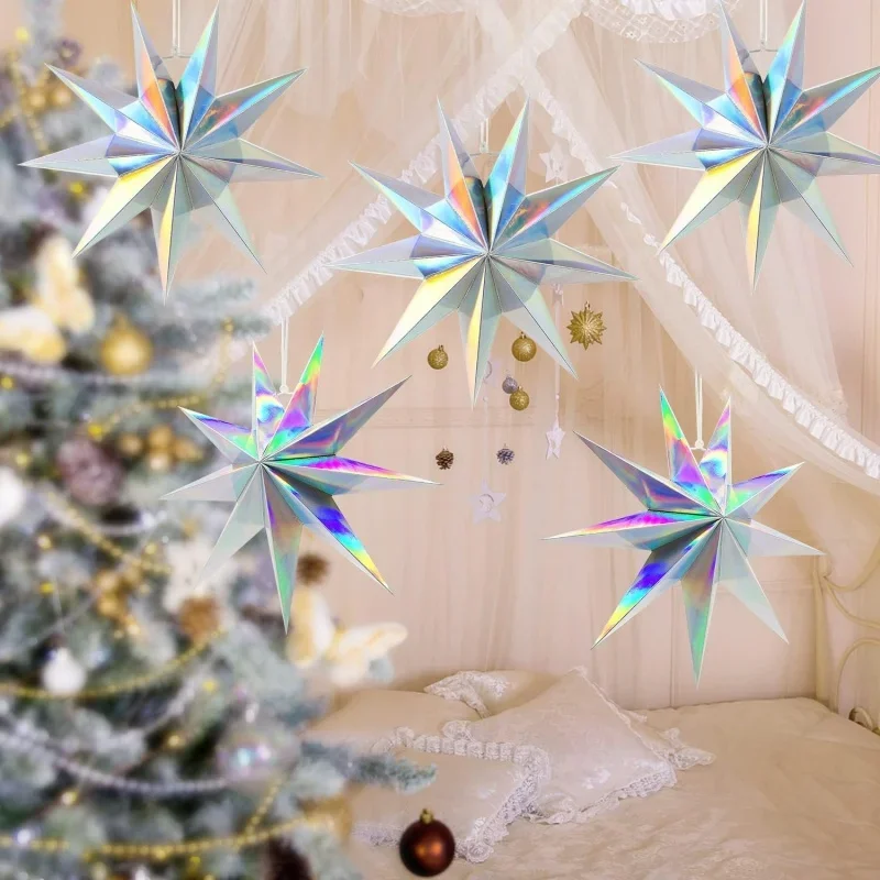 Holographic Party Stars Ornament Lanterns Iridescent 3D Star Hanging for Wonderland Christmas Star Pendant Birthday Party Decor