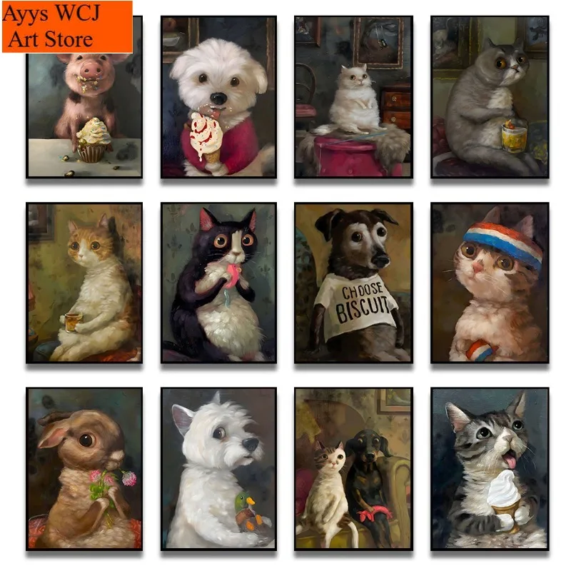 1pc Frameless Canvas Painting Funny Animals Personify Poster Print Cat Dog Rabbit Hamster Eat Something Canvas Painting Wall Art