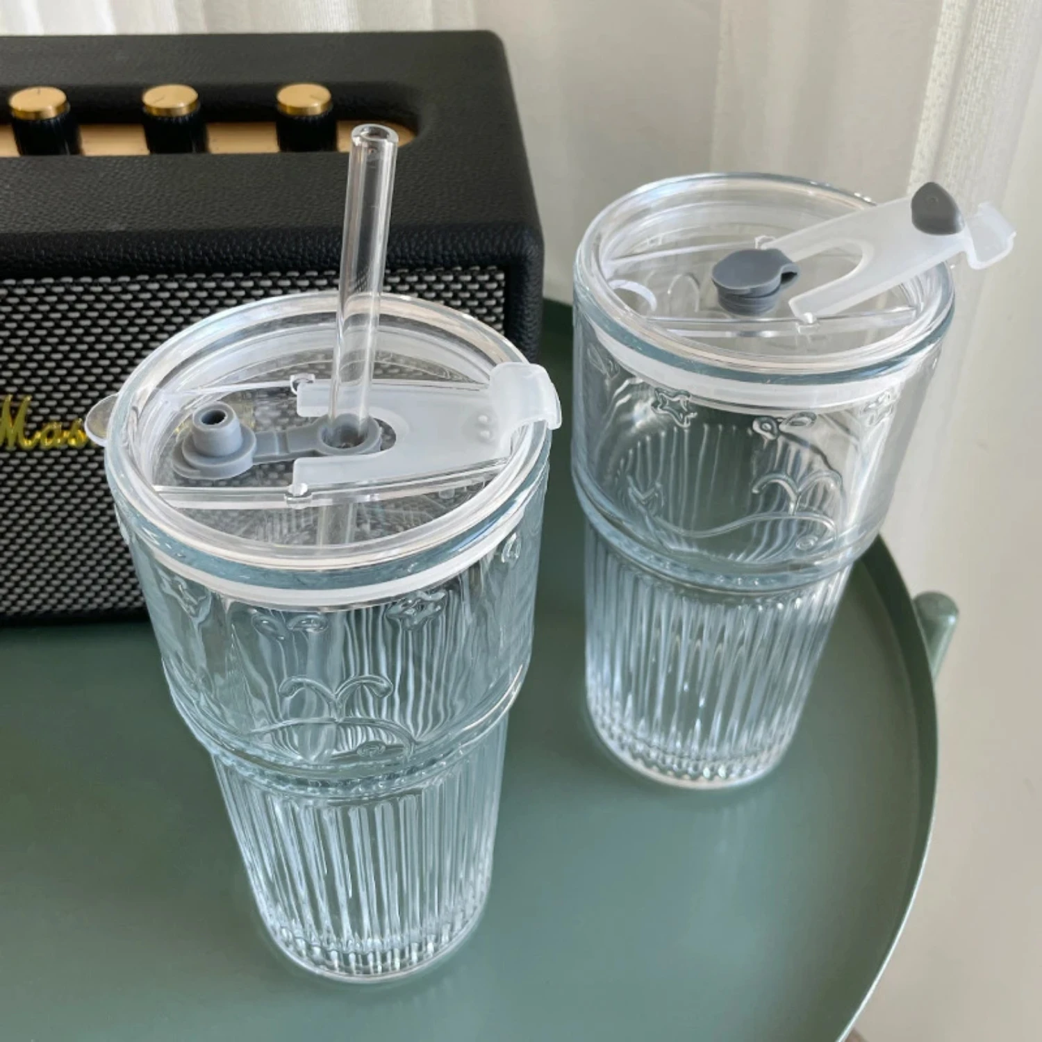 1pc 600ml Stripe Glass Cup with Lid and Straw Transparent Drinking Glasses  Juice Iced Coffee Water Cup Outdoor Drinkware Mug