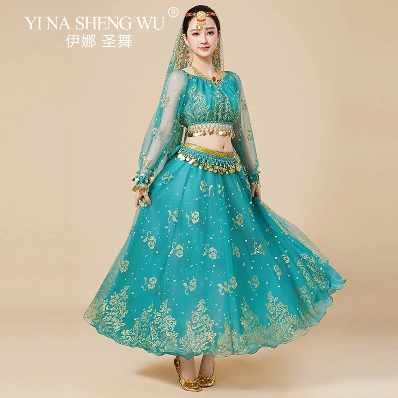 Nouveau ensemble de costumes de Bollywood vêtements de spectacle de danse du ventre en mousseline de soie à paillettes haut à manches longues femmes adultes ensemble de costumes de danse indienne