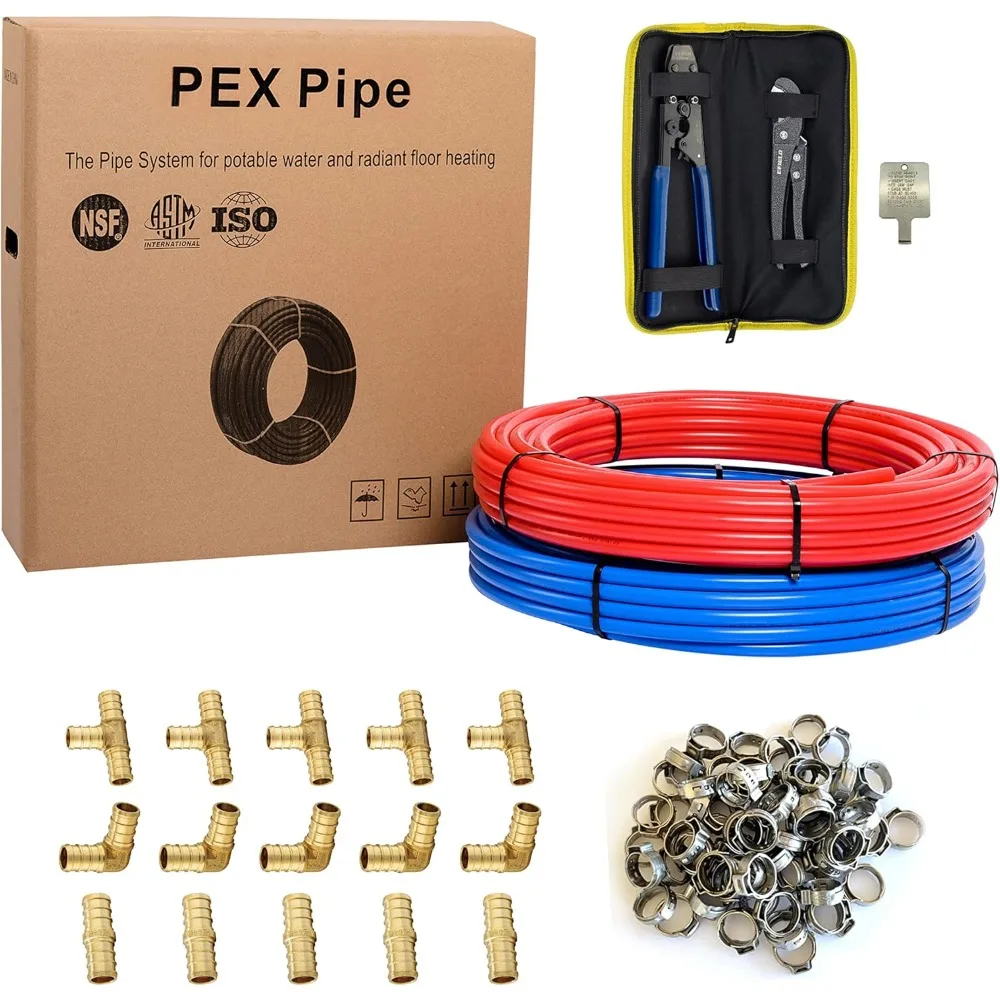 

1/2 Inch 2 x100 ft Pex-b Pipe/Tubing(200 Ft), For Potable Water, Cold Hot Water, Brass Fitting, Crimping Clamp Tool