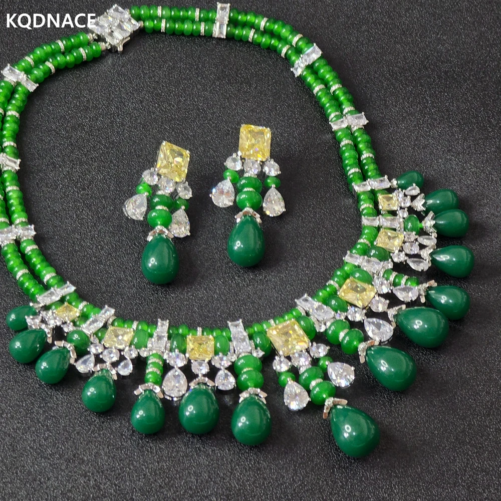 KQDANCE  Sythetic Chalcedony Water Drop Tassel Green Agate Yellow CZ Diamond Choker Necklace Long Earrings Jewelry Set For Women