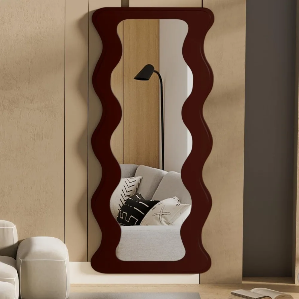 

65" x 24" Full Length Mirror Wood Walnut Framed Wavy Full Body Mirror Shatter-Proof Mirror HangingLeaning Wall Mounted