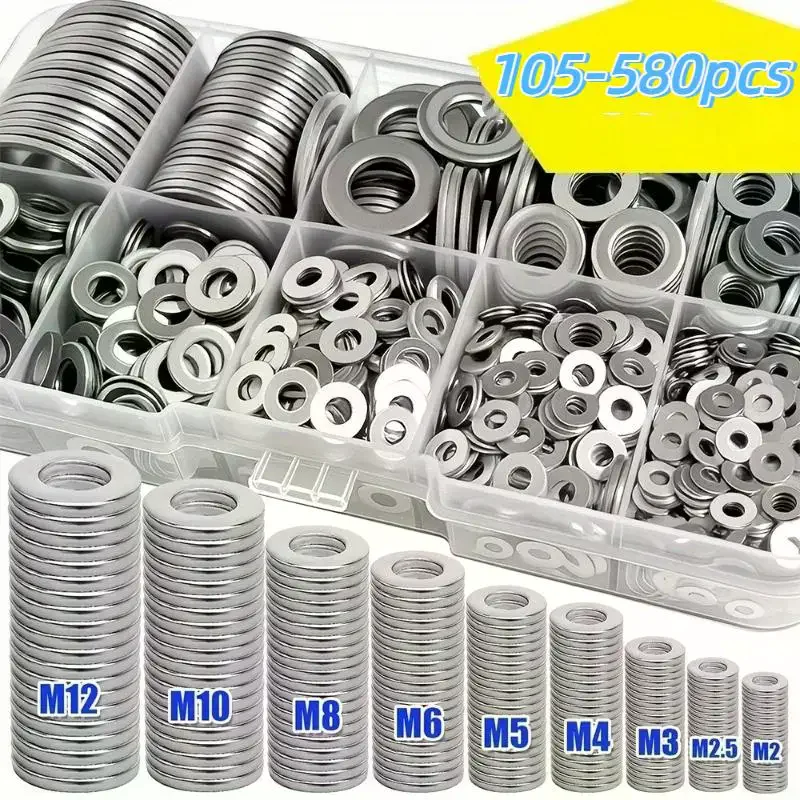 105-580PCS Stainless Steel Flat Washer Assortment Kit (M2, M2.5, M3, M4, M5, M6, M8, M10) - Suitable For Home Factory Repairs