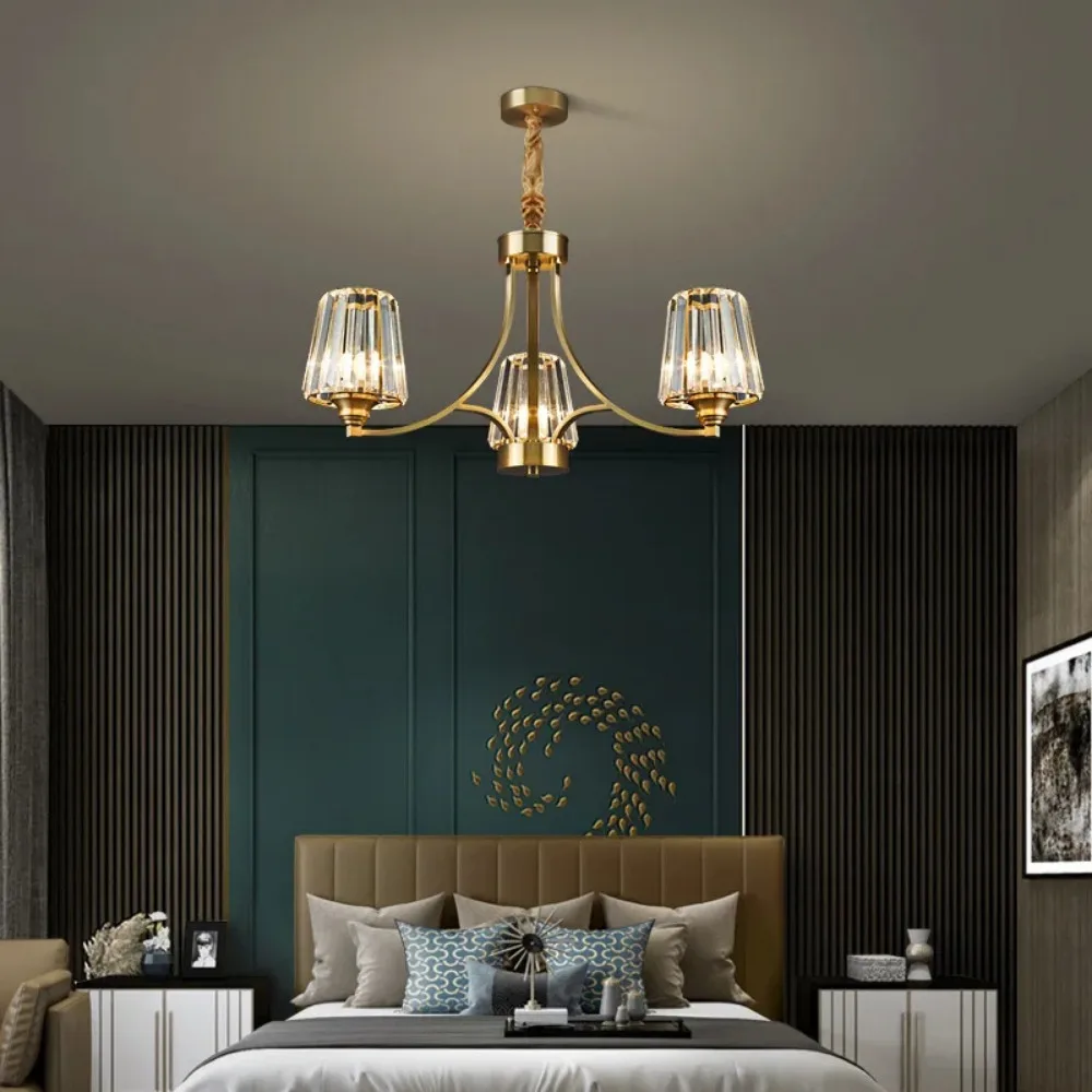 Postmodern Crystal Chandelier for Living Room Bedroom Dining Room Luxury American Copper Pendant Light Home Lighting Fixture