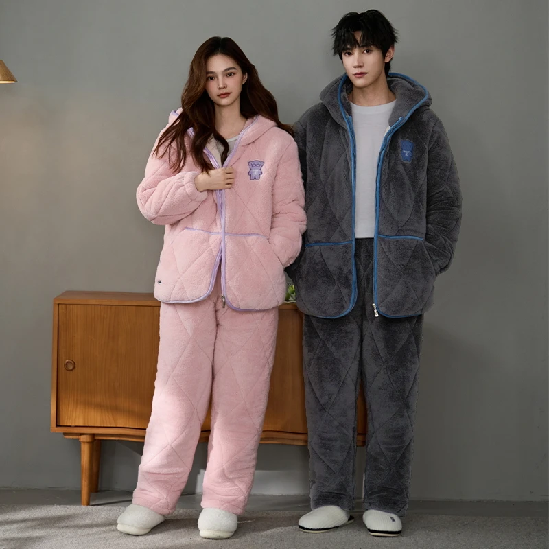 Winter 3 layer clip cotton pajama set couple pyjamas thick warm hooded home clothing